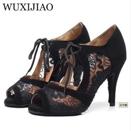 Boots Wuxijiao Lace Latin Dance Shoes Red and Black for Woman Ballroom Dancing Shoes Salsa Performance Dance Shoes Heel 8.5/10cm