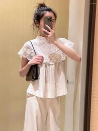 Women's Blouses Niche Design Fashionable Retro Half Turtleneck Hollow Embroidered Lace Patchwork Sleeveless Shirt