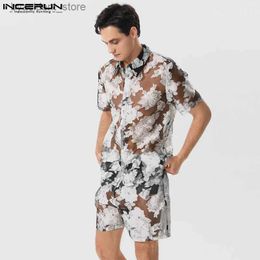 Men's Tracksuits Men Sets Jacquard Mesh Transparent Lapel Short Sleeve Shirt Shorts 2PCS Streetwear 2023 Summer Fashion Men Suits S-5XL L240320
