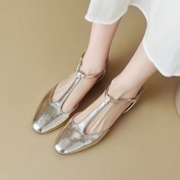 Women Daily Flats With Low Heel TStrap Shoes Woman Split Leather Mary Jane Elegant Spring Autumn Simple Round Toe Sandals 240321