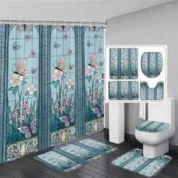 Shower Curtains Floral Butterfly Curtain Set White Pink Flower Plant Creative Ethnic Style Blue Home Bathroom Decor Bath Mat Toilet Cover