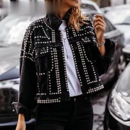 Women Outwear Studded Denim Jacket Spring Autumn Lapel Loose Single Breasted Buckle Casual Short Jeans Coats 240315