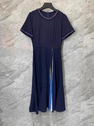 Party Dresses 2024 Summer Dress High Quality Women Colour Block Striped Prints Patchwork Short Sleeve Slim Fit A-Line Blue