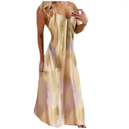 Casual Dresses Fashion Tie-Dye Print Women's Sexy Sleeveless Halter Neck Bandage Long Plus Size Beach Party Robe Maxi