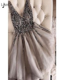 Sparkle Crystal Beaded Short Cocktail Dresses Gray Homecoming Dress Double Vneck Sexy Shiny Mini Prom Gowns Abiye Vestidos9567355