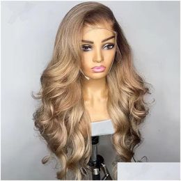 Lace Wigs Ombre Blonde Transparent Hd Front Human Hair Wig Brown Root Glueless Body Wave Ash 5X5 Closure Pre Plucked 150% Drop Deliver Dhr9g 28 Wigs