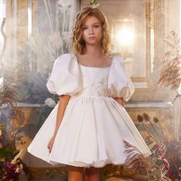 Girl Dresses Flower Dress For Wedding White Satin Sequin Puffy Short Sleeves Baby Kids Birthday Party First Communion Ball Gown
