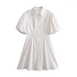 Party Dresses For Women 2024 Summer Poplin White Shirt Dress Mini Casual Puff Sleeves Chic Fashion Lapel Pleated Defined Waist Sweet