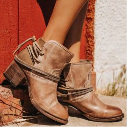 Boots Women Short Boots Vintage Round Toe Lace Up Ankle Boots Square Heels Female Shoes Roman Fashion Motorcycle Booties Botas Mujer