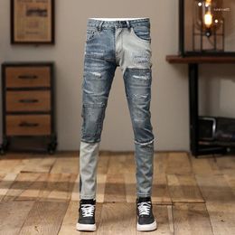 Men's Jeans Streetwear Fashion Men Retro Blue Stretch Skinny Fit Ripped Spliced Designer Patched Hip Hop Denim Pencil Pants