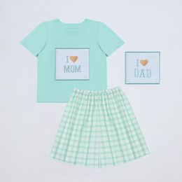 Clothing Sets Summer 1-8T Outfits Baby Boys Clothes Set Toddler Suit I Love MOM DAD Embroidered Bodysuit Sleeve Shirts Mint Lattices Shorts