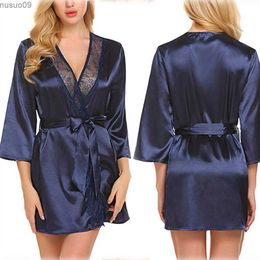 home clothing Womens Sexy Satin Kimono Bathroom Glow Lace Edge Half Sleeve Bridal Wedding Bag DressL2403