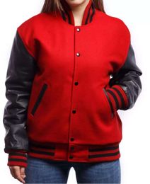 Women's Varsity Jacket Baseball Letterman Bomber School Collage Red Wool and Genuine Black Leather Sleeves