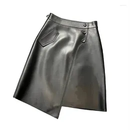 Skirts Fashion Women Asymmetric Midi Top Quality Sheepskin Real Leather A Line Skirt Casual Streetwear Ladies Slim Fit