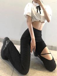 Women's Pants Black Bell Bottomed Hip Wrap Hollow Out Asymmetrical Capris Casual High Waist Clothes Solid Color Spring