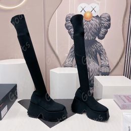 Vintage stockings thigh-high boots Woven elastic fleece leather high heels Platform elastic socks ankle boots platform comfort soft knit over the knee heel