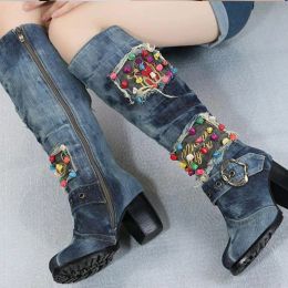 Boots Fashion women's shoes autumn and winter highheeled beaded mediumleg denim boots thick heel women boots