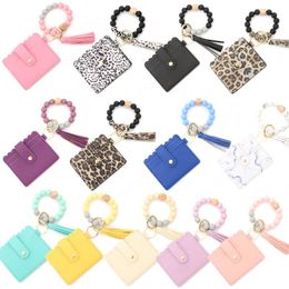 Silicone Beaded Wristlet Keychain Bracelet Leather Tassel Wallet Bangle Colours Keyrings