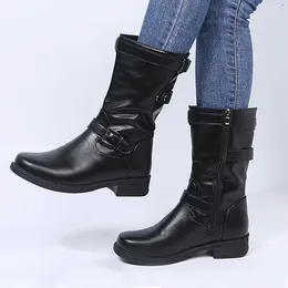 Boots Women Buckle Mid-Calf Female Low Square Heel Zipper Half 2024 Woman Fall Winter Pu Flat Shoes Black Gray Size 43