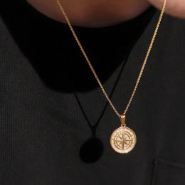 Classic fashion golden men's compass necklace, retro Viking Polaris anchor medal, 14k gold pendant male dad boyfriend gift