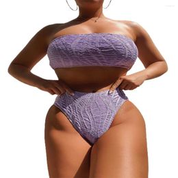 Women's Swimwear FS Women Purple Pleated Bandeau High Waist Strapless Bikini Set Lady Sexy Solid Split Swimsuit Two Pieces 2024