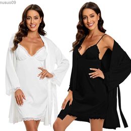 home clothing Womens Kimono Bathroom Dress Sexy Lace Bridal Wedding Night Dress Set Spring/Summer Satin Pyjamas Loose fitting PajamasL2403