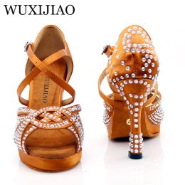 Boots Wuxijiao New Women Waterproof Platform Satin Latin Dance Shoes Rhinestone Salsa Ballroom Dance Shoes Colours Bronze
