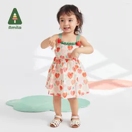 Girl Dresses Amila Baby Dress 2024 Summer Cotton Cute Love Print Sweet Thin Holiday Sling Children's Clothes 0-6Y