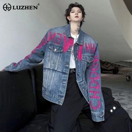 LUZHEN Denim Jackets Handdrawn Fahion Trendy Letter Niche Mens Design Loose Printing Jean Outerwear Spring Coat 6f08e1 240309