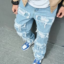 Autumn Stylish Men Ripped Patch Spliced Hip Hop Jeans Streetwear Loose Male Straight Denim Pants Trousers 240320