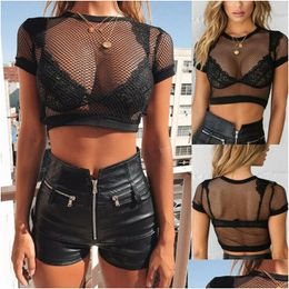 Women'S T-Shirt Womens Summer Fashion Women Crop Top Y Short Sleeve Tank Tops See Through Mesh Fishnet T Shirts Stretch Solid Black 20 Dhp96