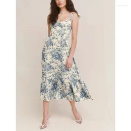 Casual Dresses 2024 Summer Arrivals High Quality Linen Floral Print Sweetheart Neck Bow Women Camisole Midi Dress