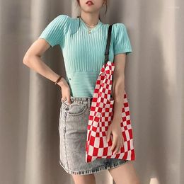 Shopping Bags 2024 Japanese And Korean Plaid Contrast Colour Knitted Shoulder Tote Bag Woven Underarm Women's