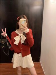 Women's Knits Large Size French Bow Knit Sweater Sweet High Waisted Woollen Pleated Skirt Set