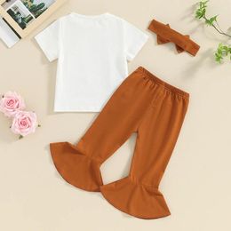 Clothing Sets Toddler Baby Girl Summer Clothes Short Sleeve Cow Letter Print T-shirt Top Flare Pants Headband 3Pcs Set