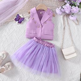 Clothing Sets 2024 Summer Child Clothes Sleeveless Button Tops Mesh Purple Skirs 2 Piece Designer Girls 18M-6T