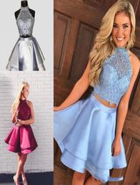 Simple Two Piece Short Homecoming dreses With Halter Lace Satin Ruffle Sexy Halter Short Prom Cocktail Party Dreses cheap9172625
