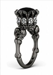 Brand Punk Jewelry Skull 10KT Black Gold Filled Demon Princess 5CT Black Sapphire Cocktail Wedding Bands Ring for Women Men61410834108564