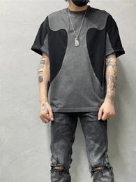 Men's Tracksuits Design Sense Worn Looking Washed-out Stitching Contrast Color Short Sleeve Fashion Trendy Loose T-shirt Retro Casual