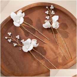 Hair Clips Barrettes Gold Colour Pin Clip Porcelain Flower Hairpin For Bride Party Birthday Gifts Head Pieces Accessories Bridal Jewelr Ot3Cr
