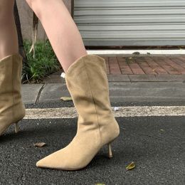 Boots 2022 new Autumn and winter Women midcalf boots natural leather 2224.5cm cow suede upper pointed toe stiletto western boots