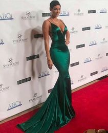 Sexy Long Green Satin Deep V-Neck Celebrity Dresses Mermaid Spaghetti Sweep Train Criss-Cross Back Prom Dresses for Women