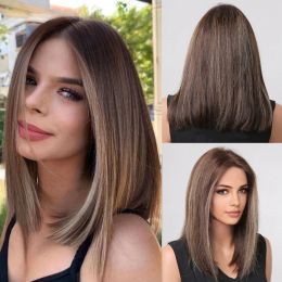 Wigs HAIRCUBE Dark Brown Bob Lace Front Human Hair Wig with Blonde Highlights Shoulder Length Lob Hairstyle Remy Hair Wigs for Women