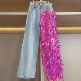 Women's Jeans Summer Jean Diamond Sequins High Waist Loose Straight Tube Wide Legs Long Trousers