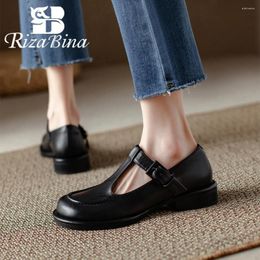 Casual Shoes RIZABINA Genuine Leather Women Flat Loafers RetroT-tied Round Toe Low Heels Ladies Belt Buckle Shallow Office