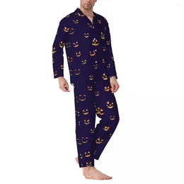 Men's Sleepwear Pumpkin Faces Pajamas Man Halloween Kawaii Home Nightwear Spring 2 Pieces Vintage Oversized Pattern Pajama Set