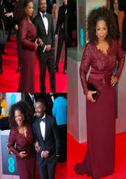 Mew Oprah Winfrey Burgundy Long Sleeves Sexy Mother of the Bride Dresses VNeck Sheer Lace Sheath Plus Size Celebrity Red Carpet G3770146