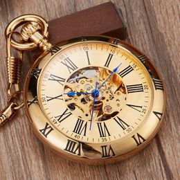 Luxury Gold Automatic Mechanical Pocket Watch Retro Copper Watches Roman Numerals Fob Chain Pendants Men Women233e