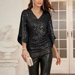 Active Shirts Warm Gloss Gold Sweaters Women Sparkling V Neck Three Quarter Horn Sleeve Matching Pullover Autumn Chic Office Ladies Jumpers