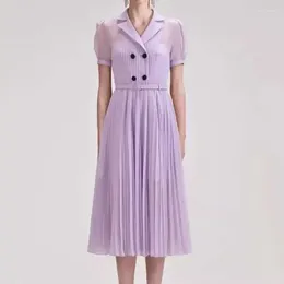 Party Dresses Autumn Short-sleeved Dress Lilac Purple Chiffon Mid-length Pleated For Women